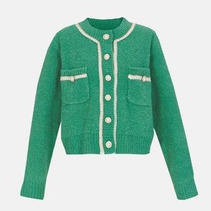 Contrast Trim Faux Pearl Button Green Cardigan